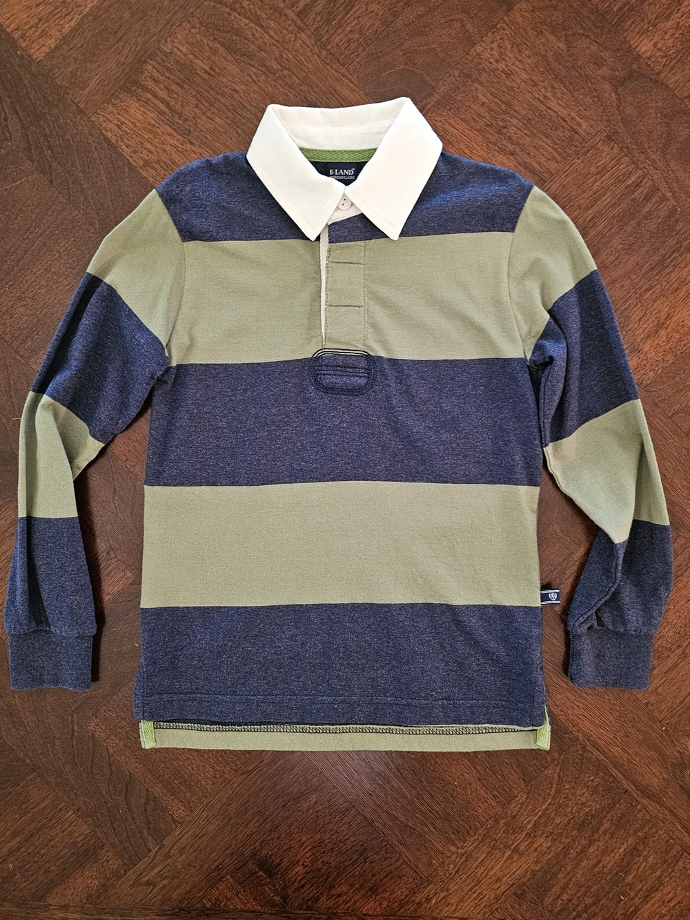 E-Land Kids Navy Blue & Olive Green Striped Rugby Polo Shirt Size 6 EUC
